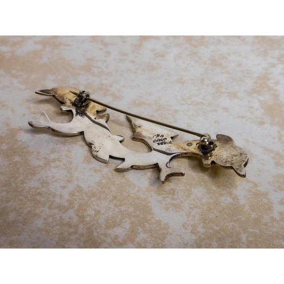 Vintage Mexico Sterling Silver Dolphins Brooch Pin 14 Grams - Picture 7 of 8